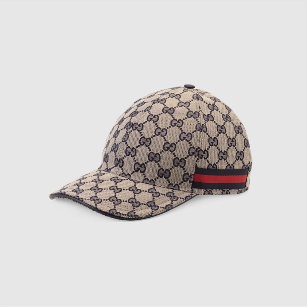 Gucci Tan Monogram Cap with Red and Blue Stripe
